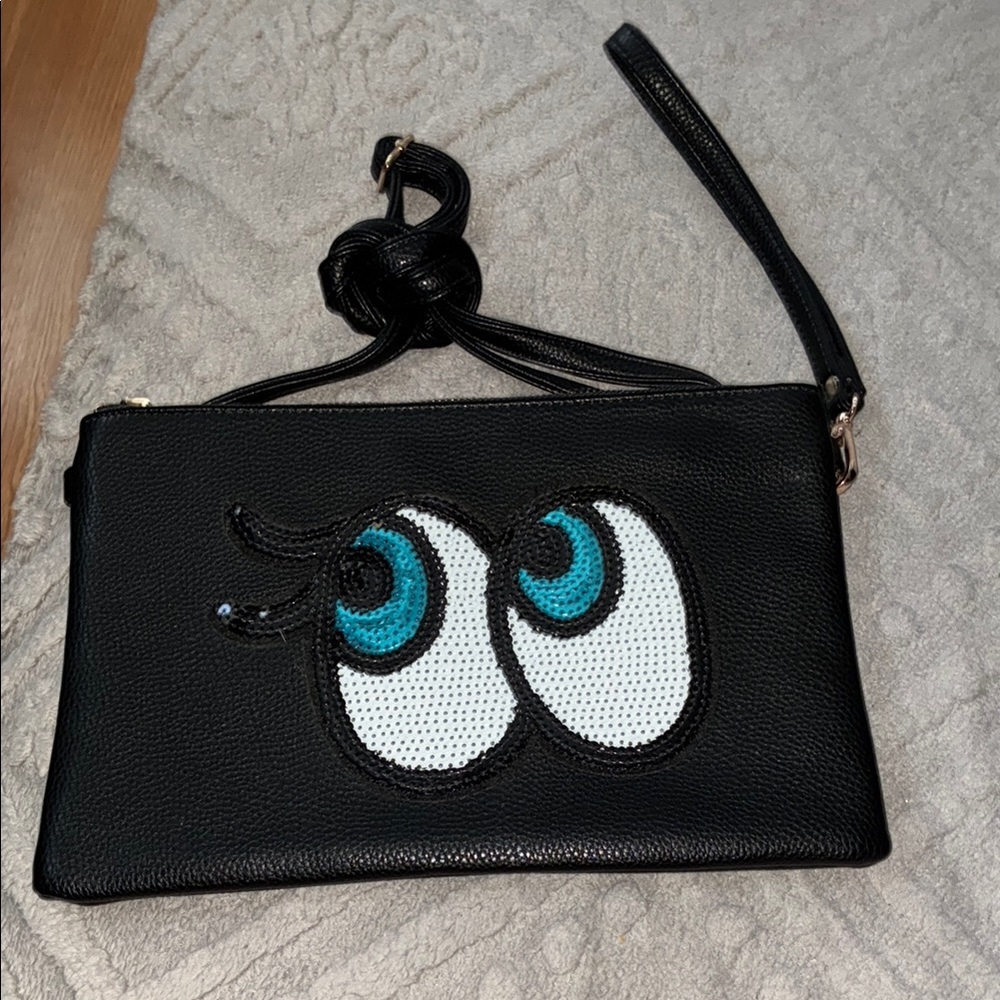 NWOT Black Leather Clutch with Eye Design